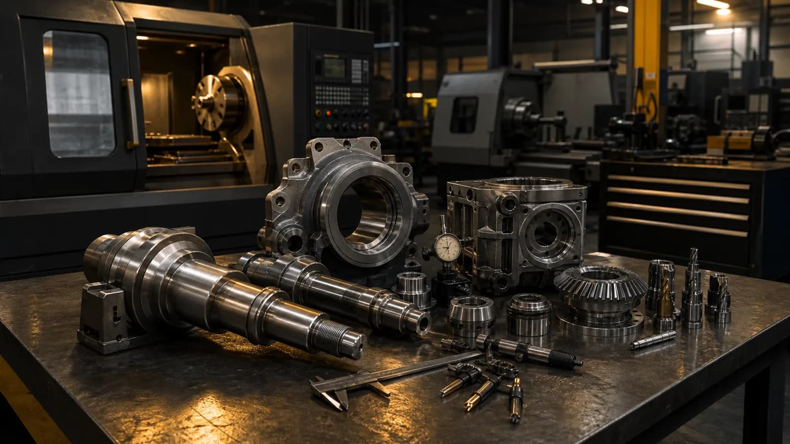 Makine imalatı için işlenmiş metal parçalar ve ölçüm ekipmanları