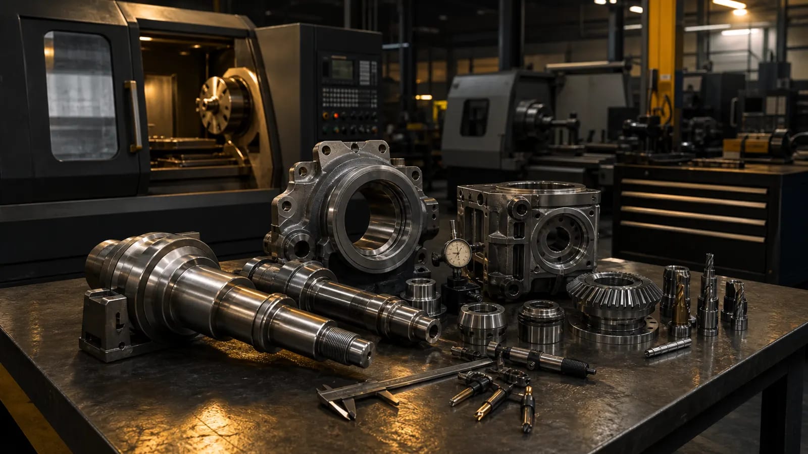 Makine imalatı için işlenmiş metal parçalar ve ölçüm ekipmanları